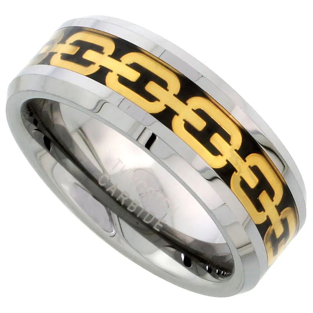 Tungsten Carbide 8mm Flat Wedding Band Ring with Gold Chain Link Inlay, Sizes 7 to 14