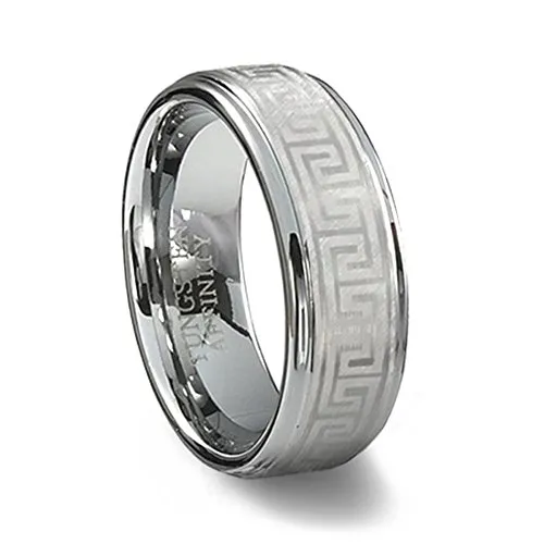 Tungsten Carbide Greek Key Ring 8MM Width, Comfort Fit, Hypoallergenic, Nickel Alloy Binder