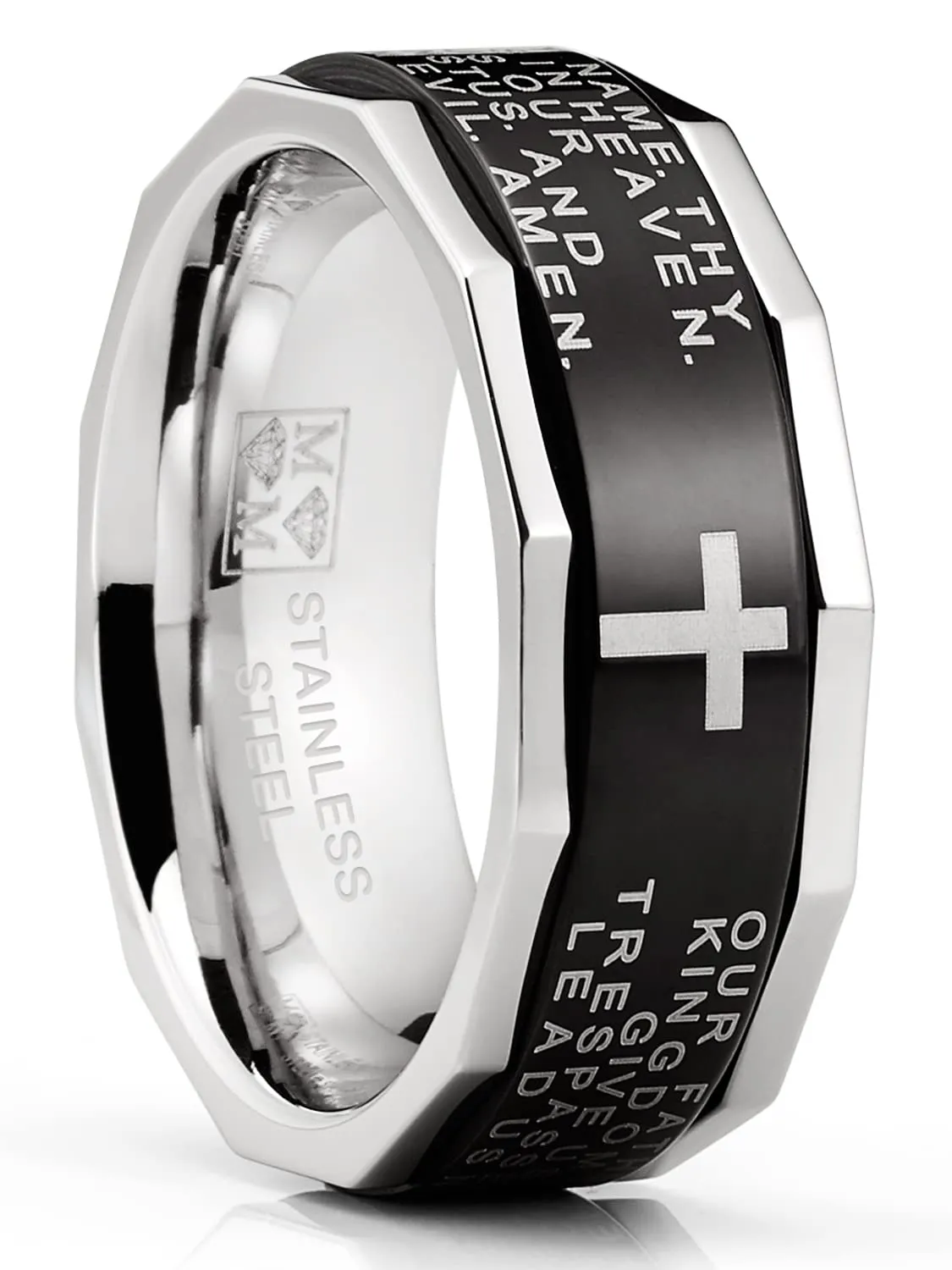 Two Tone Stainless Steel Ring with Lord's Prayer and Cross Design - Sizes 7 to 13