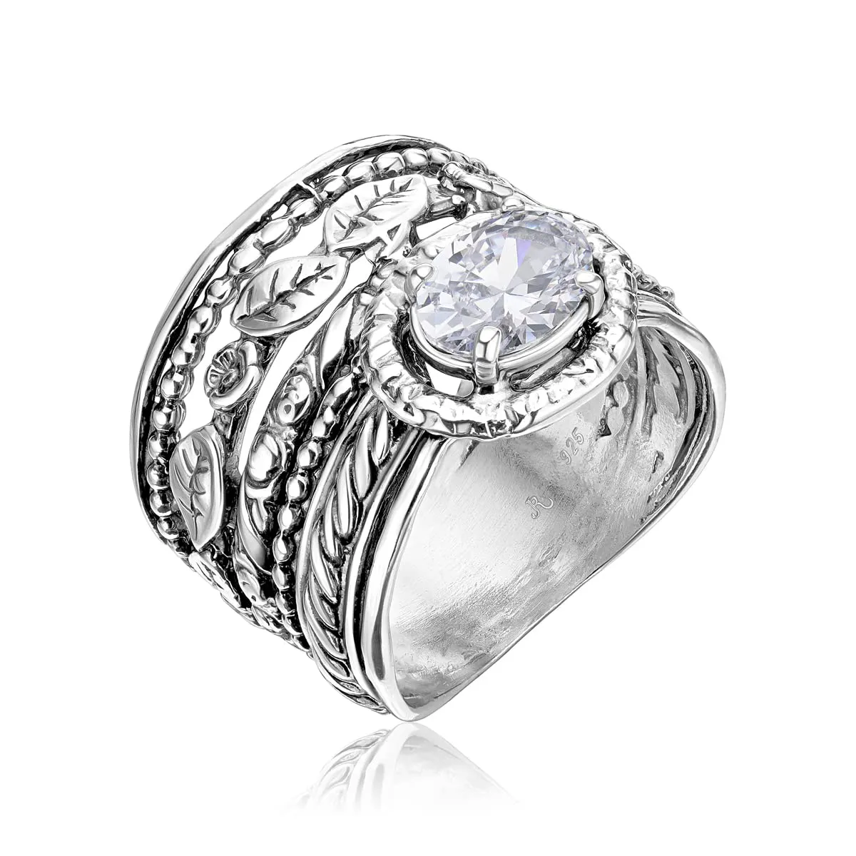 Unique 925 Sterling Silver Ring with White Cubic Zirconia CZ, Hypoallergenic Artisan Design