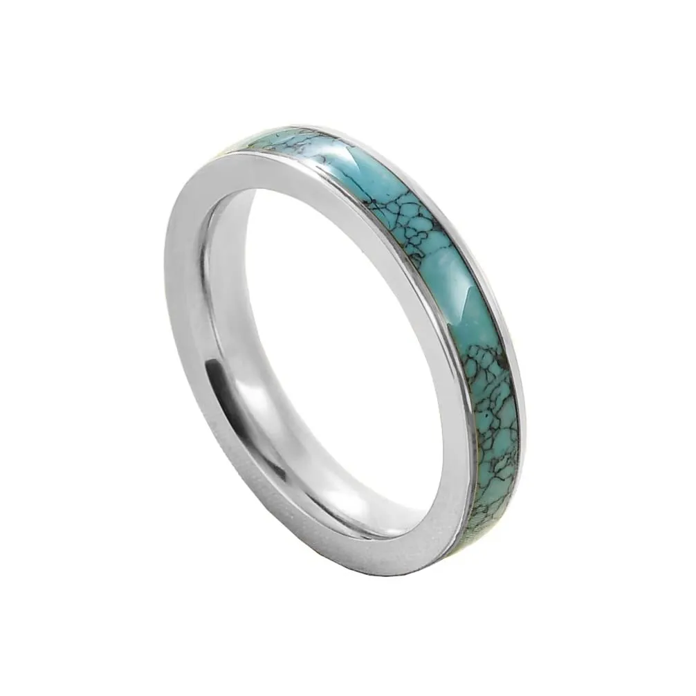 Unisex Stainless Steel 4mm Turquoise Green Gemstone Inlay Stackable Ring - Hypoallergenic Design