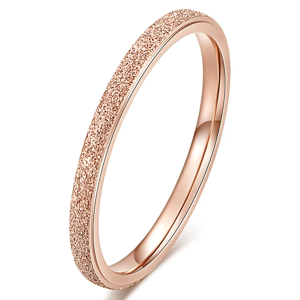 Womens 2mm Rose Gold Stainless Steel Sand Blast Finish Wedding Band Engagement Ring