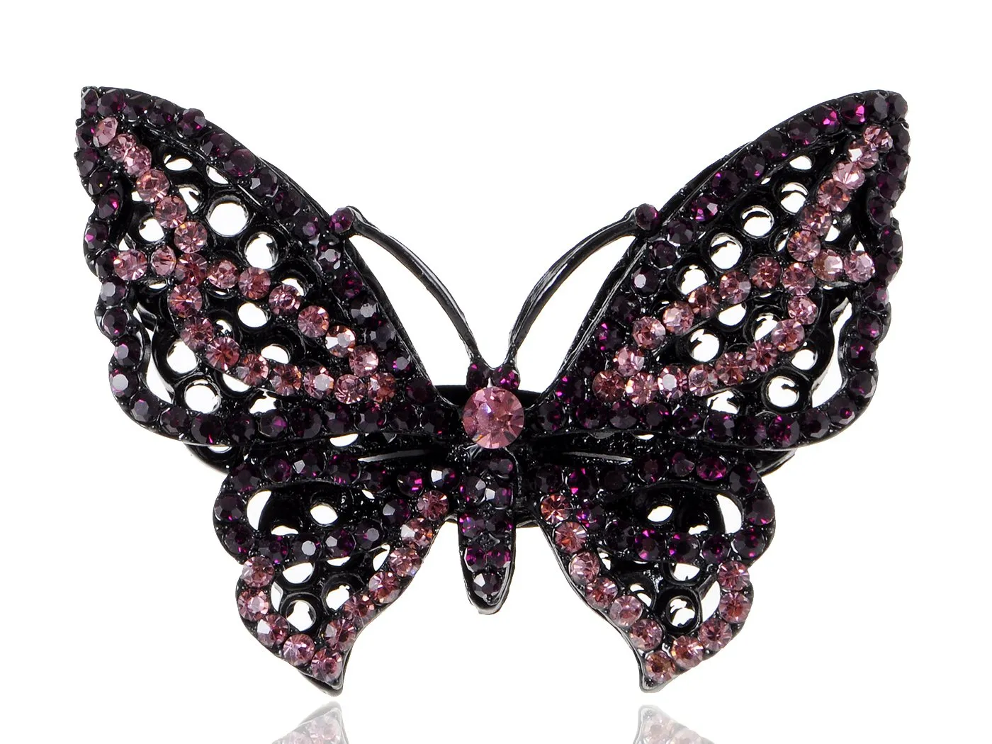 Womens Black Purple Crystal Butterfly Ring with Adjustable Band - Elegant Insect Jewelry