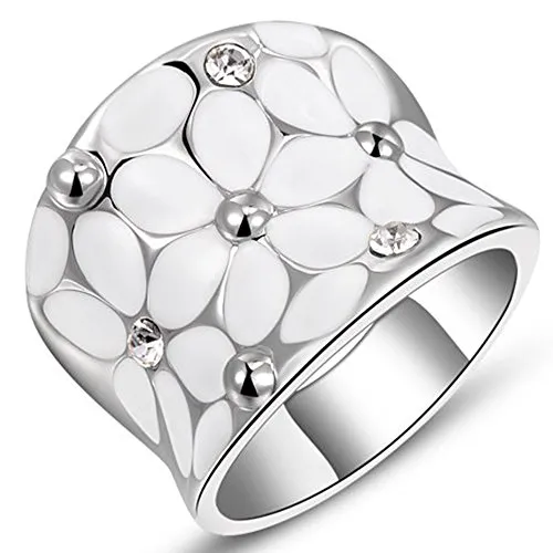 Womens Elegant Enamel Flower White Gold Band Bloom Petal Platinum Wedding Engagement Ring