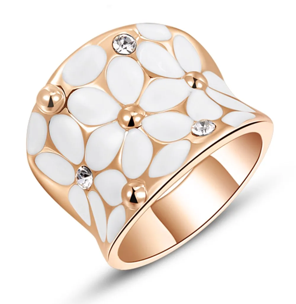 Womens Elegant White Enamel Flower Rose Gold Band Engagement Ring with Crystal Inlay