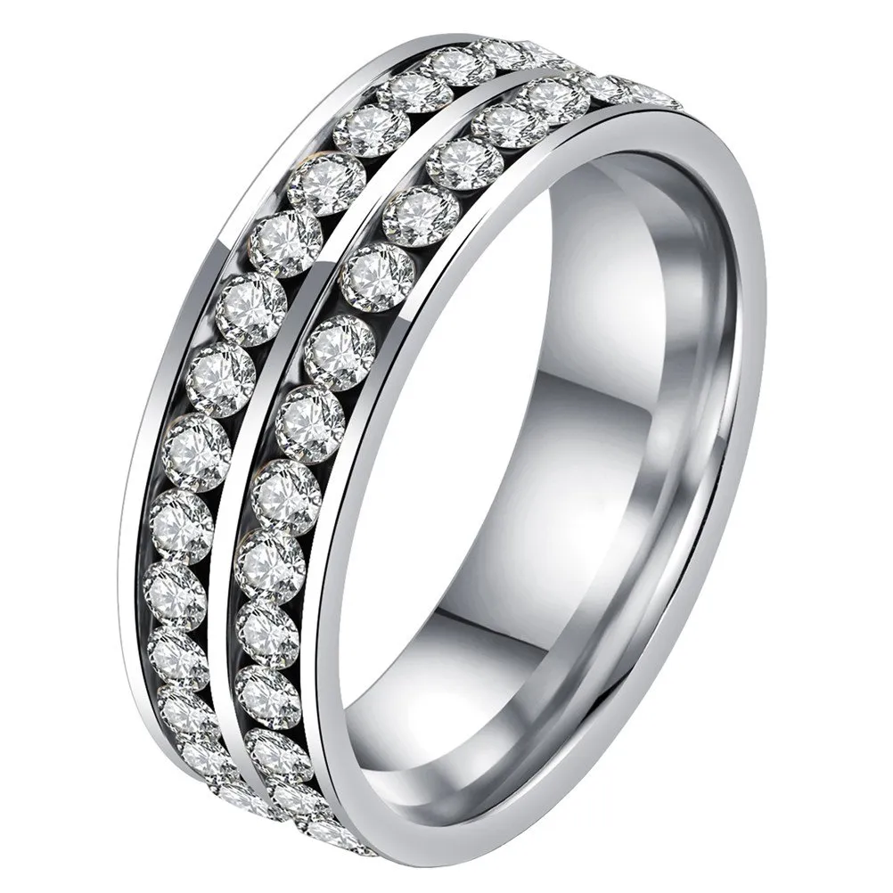 Women's Stainless Steel Double Rows CZ Ring Eternity Wedding Band, 6mm, Anti-allergic, PAURO