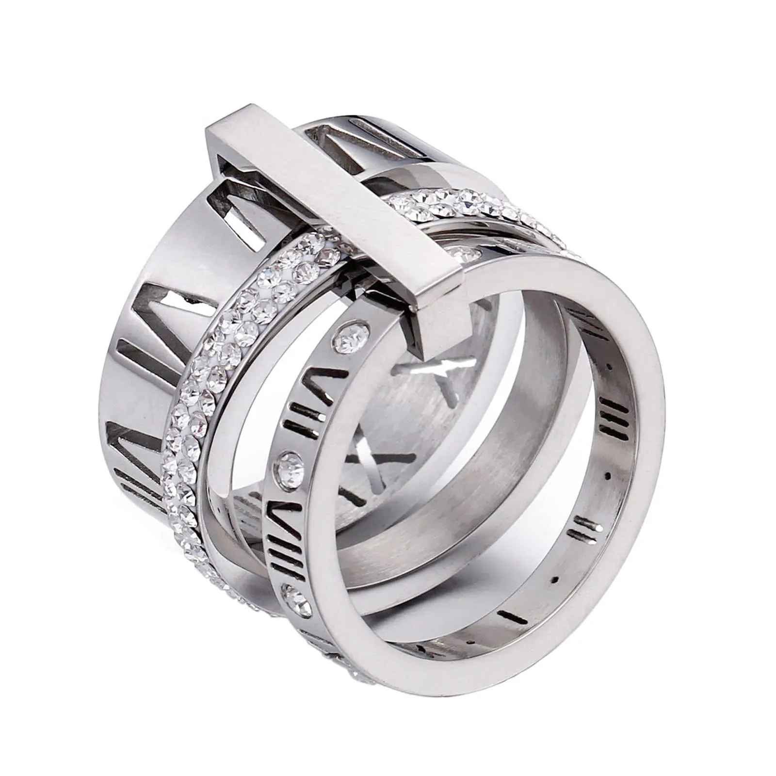 Women's Stainless Steel Roman Numeral Ring with Cubic Zirconia - Engagement & Wedding Band